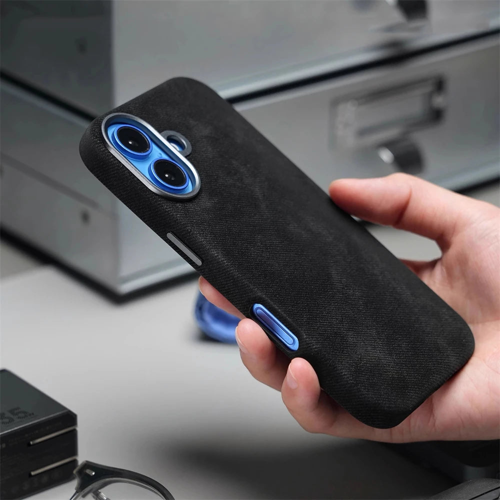 Luxury Metal Lens Magnetic Fiber Leather İPhone Case - iPhone 16 Series