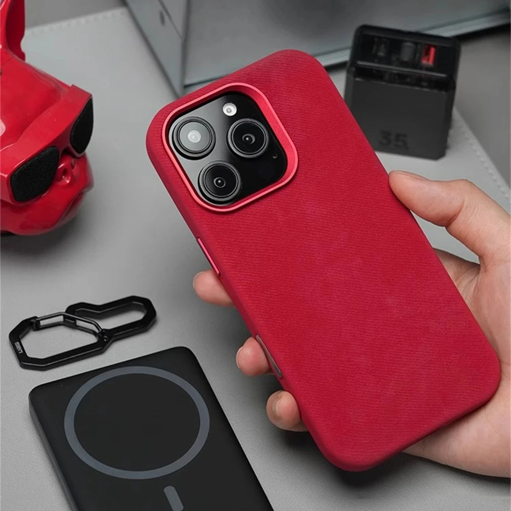 Luxury Metal Lens Magnetic Fiber Leather İPhone Case - iPhone 16 Series