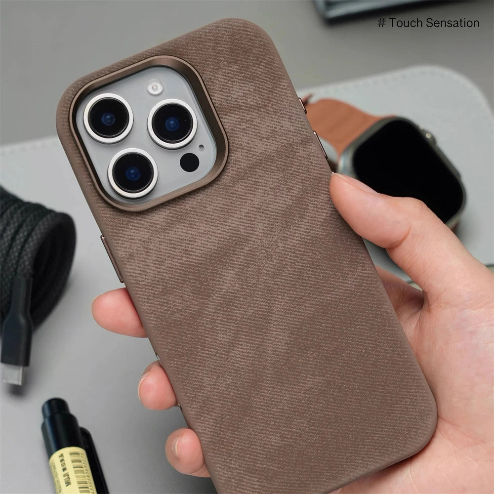 Luxury Metal Lens Magnetic Fiber Leather İPhone Case - iPhone 16 Series