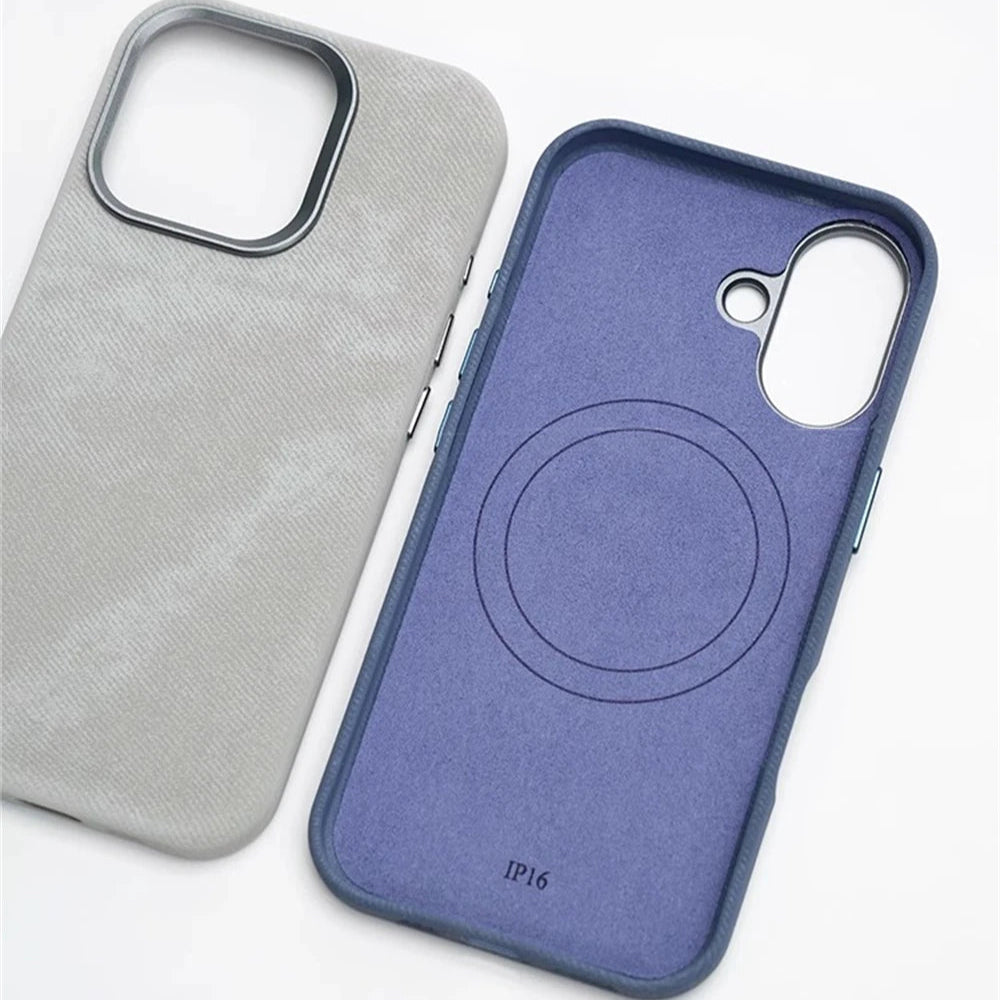 Luxury Metal Lens Magnetic Fiber Leather İPhone Case - iPhone 16 Series