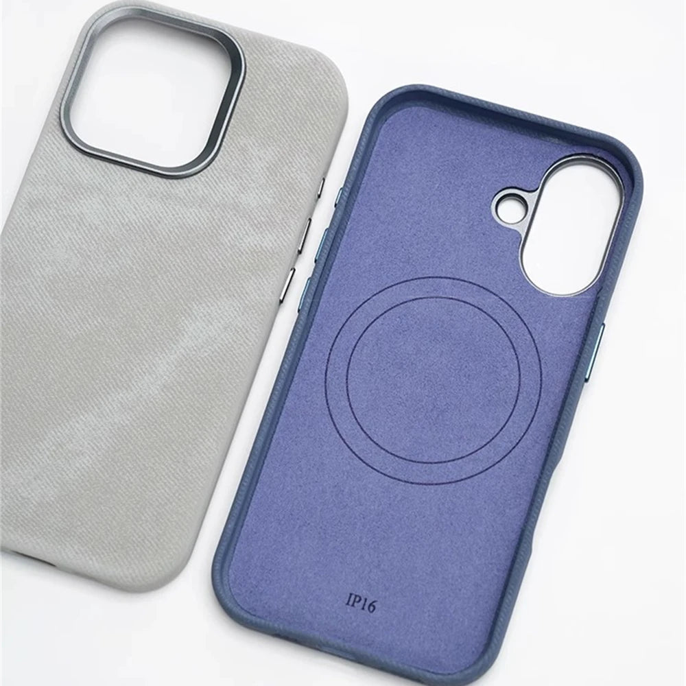 Luxury Metal Lens Magnetic Fiber Leather İPhone Case - iPhone 15 Series